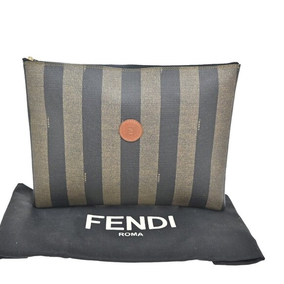 FENDI Logo Pequin Document Clutch Hand Bag Leather Brown Made In Italy 65EF033 - Picture 1 of 16